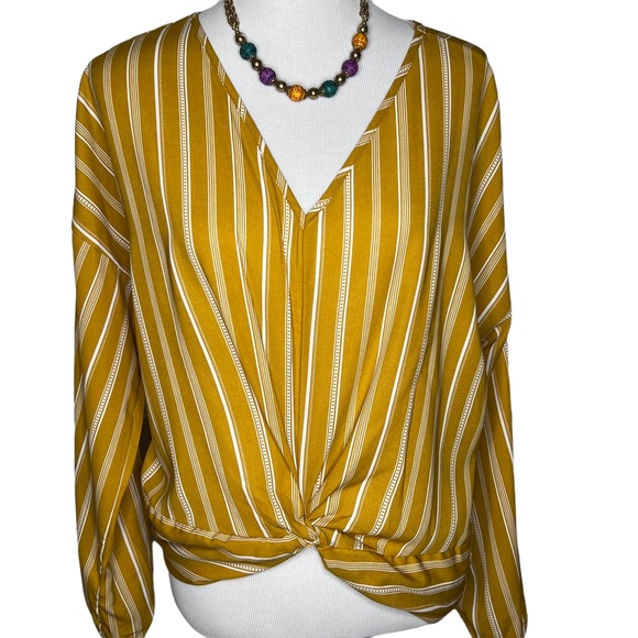 Anthropologie Tops - Anthropologie Lavender Field Gold Striped Bell Sleeve Tie Front Peasant Blouse L